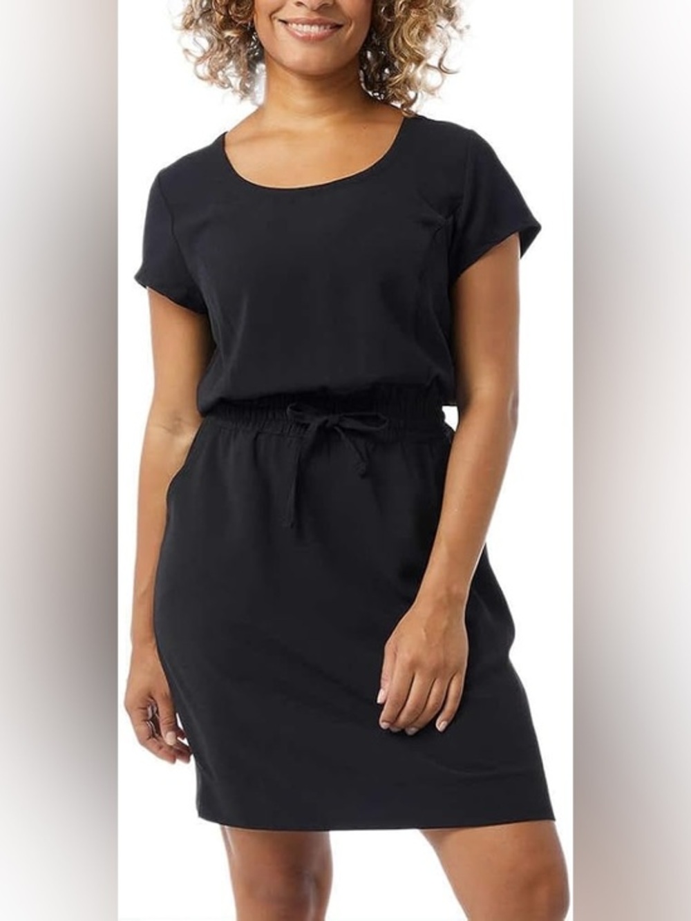 Jigsaw Black Short-Sleeve Drawstring-Waist Midi Dress